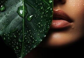 Close-up of glossy lips hidden behind lush green leaves captures mystery, sensuality and natural beauty with strong visual contrast. photo