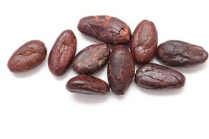 a group of dark chocolate beans on a white surface photo