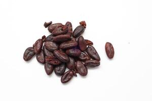 Brown cocoa beans on white background. Cocoa photo