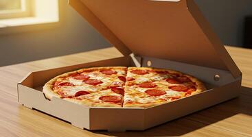 A pizza in a box on a table photo