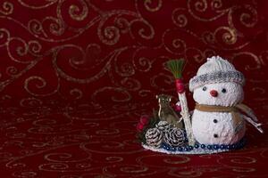 Toy snowman on bokeh background. New Year card. Christmas tree toy. Decoration for the holiday. photo