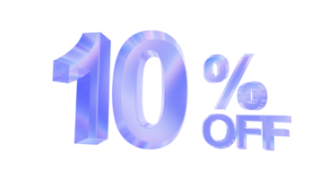 3d glass 10 percent off text with aberration effect isolated on a transparent background. Blue tone. 3d elements for graphic design. png