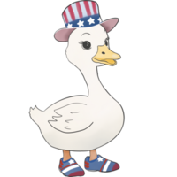 A cute digital illustration of a white goose wearing an American flag-themed top hat and matching shoes. png