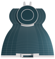 A blue and white skyscraper with a round object png