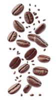 Roasted coffee beans and fragments are falling creating a dynamic composition against a clean white background. png