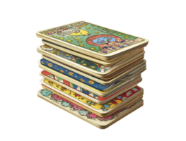 Stacking tarot cards with gilded edges, displaying various intricate illustrations, evokes themes of divination and esotericism, inviting exploration into the realms of magic and spirituality png