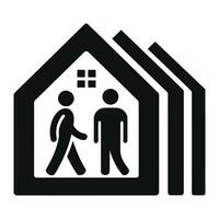 A black and white image of two people walking in front of a house vector
