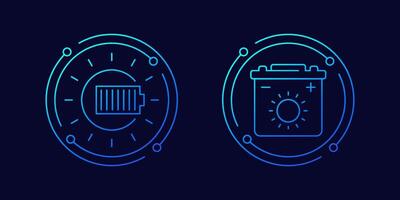 solar energy icons with battery and sun, linear design vector
