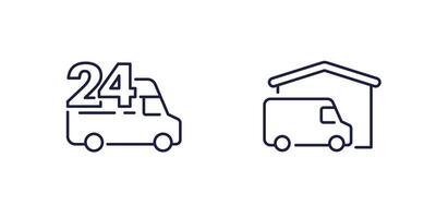 24 hours delivery icons with vans, line vector