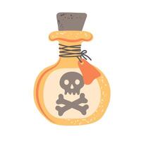Hand drawn poison bottle with skull and bones. Magical liquid potion. Element for Halloween decorative design. vector
