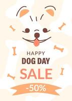 The design of the booklet with the image of the Pomeranian Pomeranian, dedicated to the International Dog Day. A poster with a picture of a cheerful dog, a banner with text, a sale of pet supplies. vector