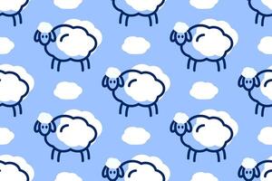 Seamless pattern with cute lamb, sheep and fluffy clouds for fabrics, baby textiles, clothing, wallpaper, packaging. linear illustration of a lamb on a blue background vector