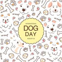 Poster template with dog silhouettes, bones, and animal toys, with a frame and space for text. Square design with cute dog silhouettes for International Dog Day. Graphic design for greeting cards. vector