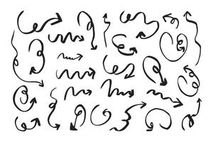 A collection of elegant arrows, hand-drawn in black marker, with curved lines and wavy pointers. Calligraphic zigzag arrows in for ornaments, infographics, gliders and school materials. vector