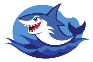 Cartoon Shark Swimming in Ocean Waves with Red Mouth and Sharp Teeth vector