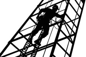 Silhouette of Construction Worker Climbing Lattice Structure Against White Background in Black and White vector