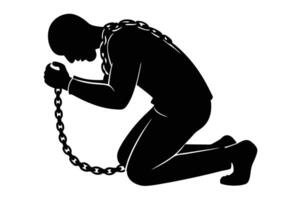 Silhouette of a Man Kneeling, Shackled by a Chain, Depicting Struggle vector