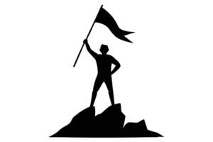 Silhouette of Person with Flag on Mountain Top Conquering Achievement vector
