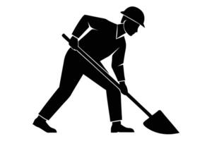 Silhouette of Construction Worker Digging with Shovel, Wearing Hard Hat and Long Sleeves vector