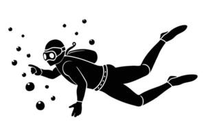 Black Silhouette Scuba Diver Pointing Underwater with Bubbles in the Ocean Depths vector