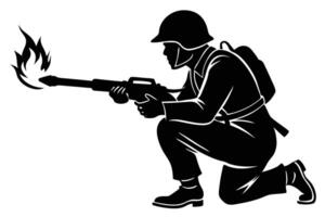 Black Silhouette of a Soldier with a Flamethrower Shooting Flames on White Background vector
