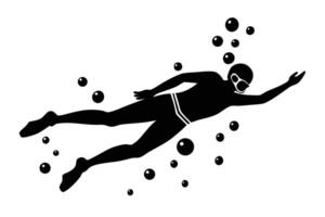Silhouette of Swimmer with Goggles Surrounded by Air Bubbles Against White Backdrop vector