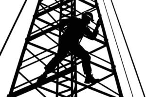 Silhouette of Worker Climbing Lattice Tower, High Angle View, Industry, Maintenance vector