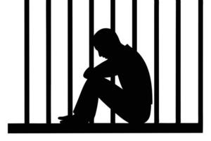 Silhouette of Depressed Man Behind Bars Conceptual Illustration of Incarceration and Sadness vector