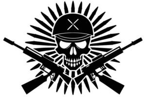 Grayscale Skull with Military Helmet, Crossed Rifles, and Bullet Ray Burst Design vector