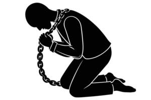 Silhouetted Man Kneeling Bound by Heavy Chain Conceptual of Burden and Oppression vector