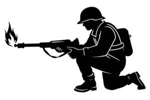 Silhouette of Kneeling Soldier Aiming a Flamethrower With Fire at The End vector