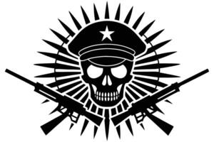 Black and White Skull with Military Cap and Assault Rifles Illustration vector