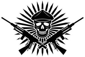 Black Skull With Hat and Crossed Rifles Surrounded By Sharp Spikes Silhouette vector