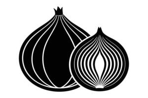 Black and White Illustration of a Whole Onion and a Cut Onion Depiction vector