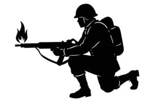 Silhouette of Soldier with Flamethrower Kneeling, Armed and Ready for Action vector