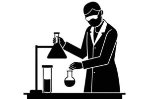 Scientist Experiments with Flasks and Test Tube in Dark Laboratory Setting Illustration vector
