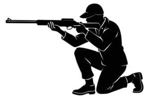 Silhouette of Marksman Aiming a Rifle in Kneeling Position, Hunting or Target Practice vector