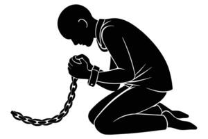Bound Silhouette Man Kneeling with Cuffed Hands Attached to Heavy Chain vector