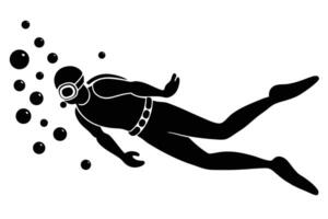 Black Silhouette of Diver with Goggles, Surrounded by Rising Bubbles in the Water vector