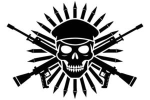 Silhouette of Skull with Military Cap, Crossed Rifles, and Ammunition Fan vector