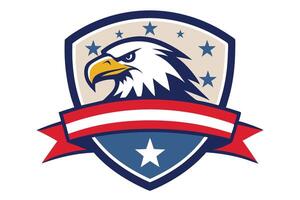 American Eagle Head Emblem on Shield with Stars and Red Ribbon Design vector