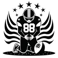 Kneeling Football Player with Ball, Stars, and Stripes in Black and White vector