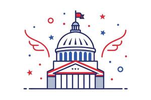 Patriotic Building Icon with Red Flag, Stars and Circles on White vector