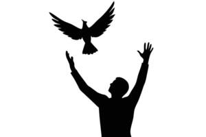 Silhouette of a Man Reaching for a Dove in Flight, Symbolizing Peace vector