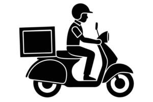 Black and White Silhouette of Delivery Man on Scooter with Box for Shipping vector