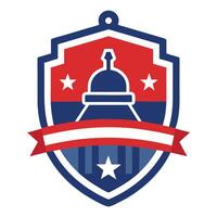 Patriotic Shield Emblem with Building Silhouette, Stars, and Red Ribbon Accent vector