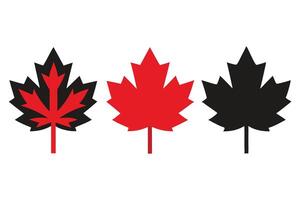 Three Stylized Maple Leaf Illustrations Black, Red, and Red with Black Outline Designs vector