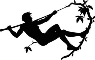 Silhouette of Adventurer Swinging Through Jungle Vines Using Stick for Assistance and Movement vector