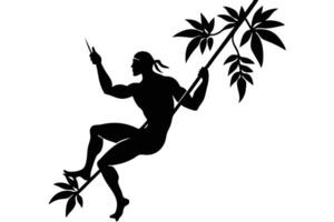 Silhouette of Muscular Man Climbing Leafy Branch Pointing Spear Upwards vector