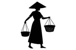 Silhouette of Woman in Traditional Hat Carrying Baskets on a White Background vector